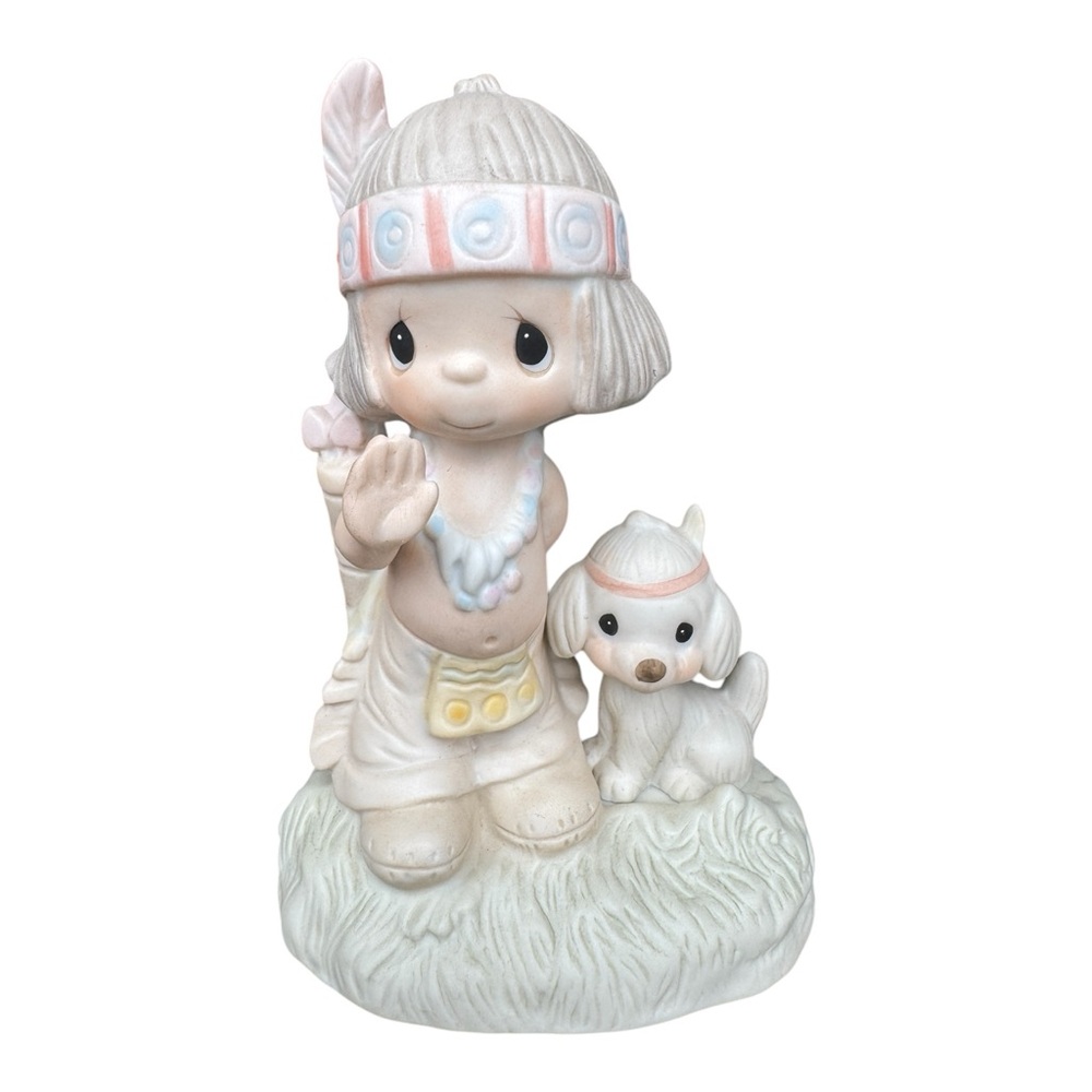 Precious Moments #E-1380B "O, How I Love Jesus" Native American Boy w Dog 1977